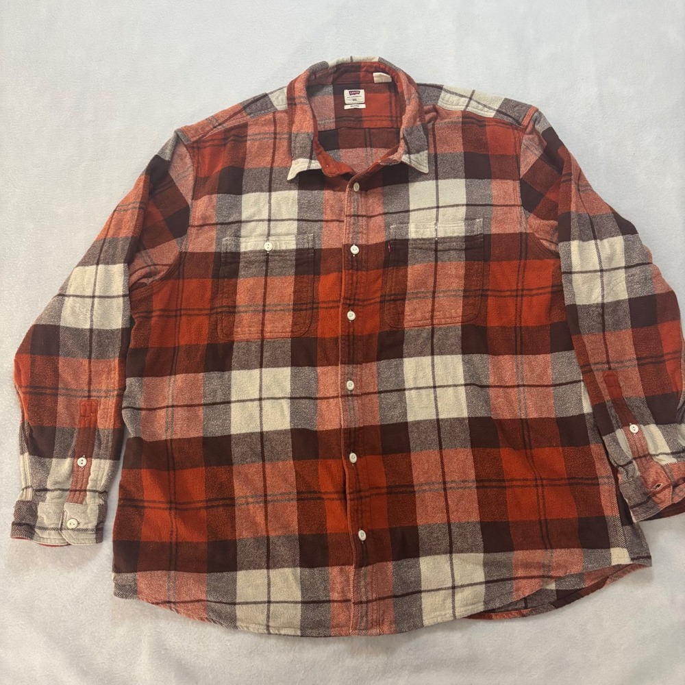 Levis Mens XXL Relaxed Fit Plaid Flannel Button Down Shirt Red Brown Long Sleeve